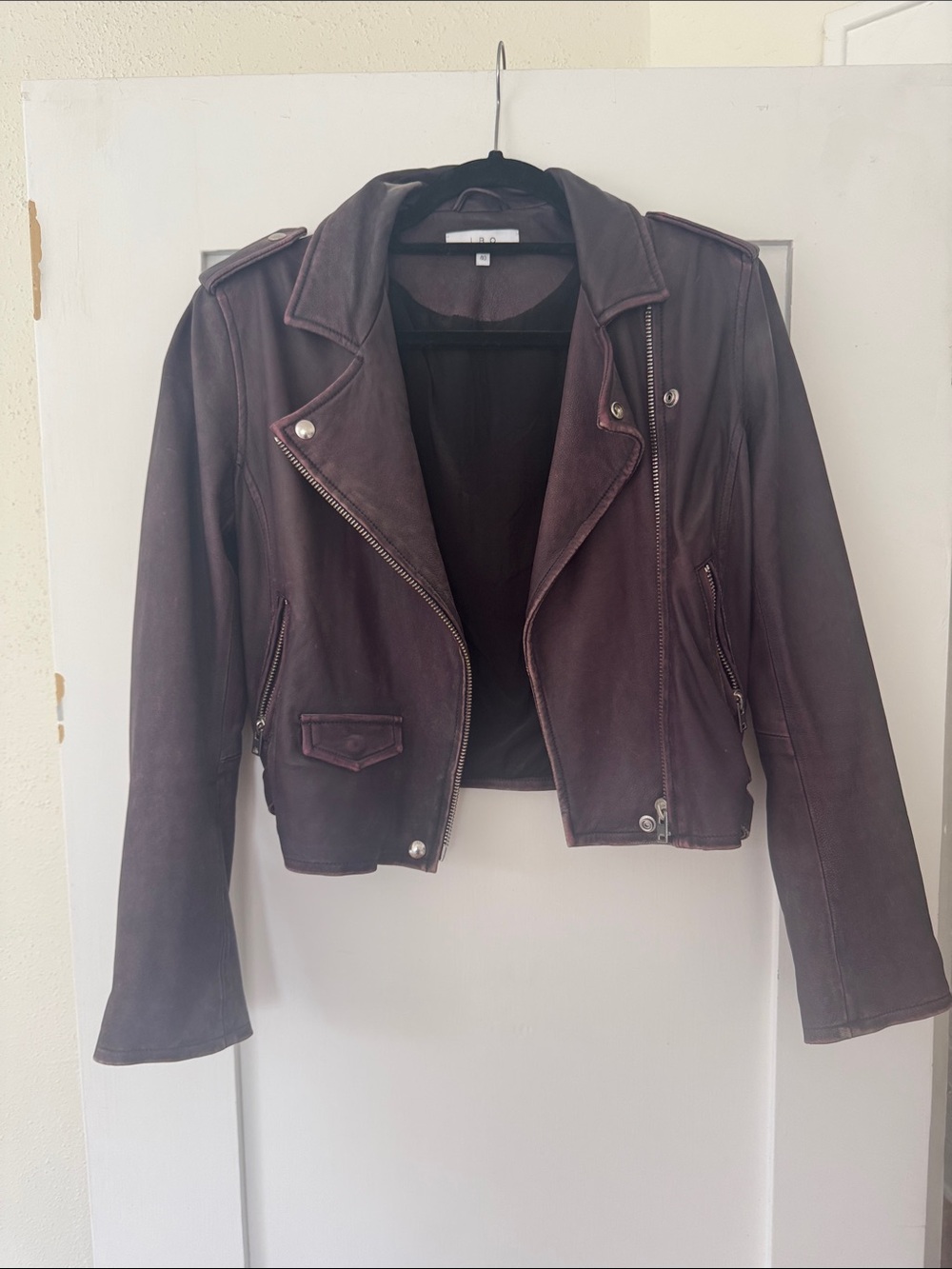 IRO Dark Purple Leather Moto Jacket with Asymmetrical Zip